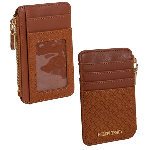 Ellen Tracy Handbags - Ellen Tracy Cognac Basket Weave Zippered Card Holder